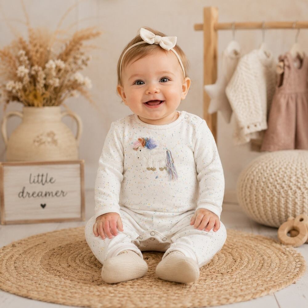 Albetta White Dotted Unicorn Sleeper 0-3Months
